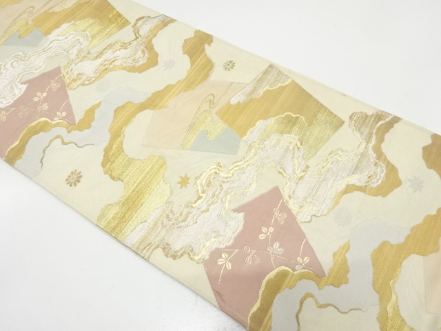 アンティーク　色紙に霞・草花模様織り出し袋帯（材料）